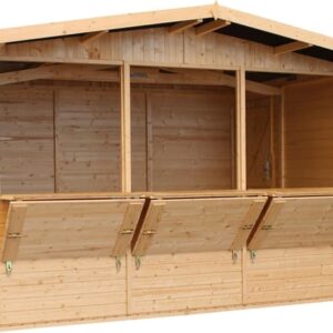 TIMBELA M150A Gartenhaus aus Holz, Marktstand aus Holz, großer Verkaufsstand mit Theke, drei Fenster, H 232 x 336 x 263 cm / 6 m²
