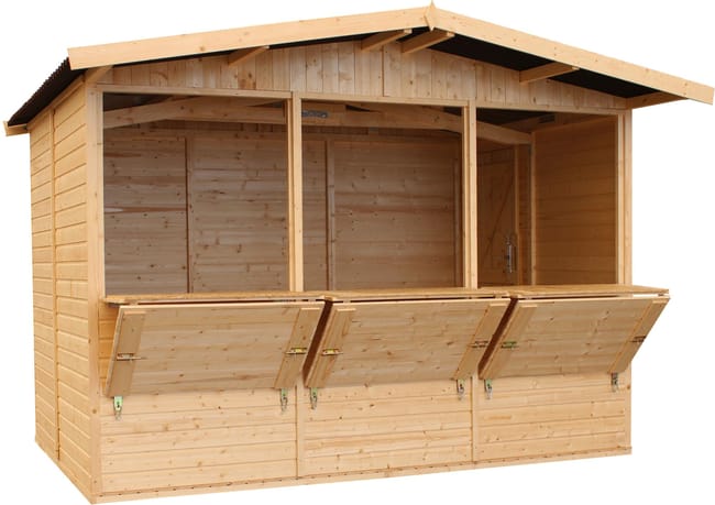 TIMBELA M150A Gartenhaus aus Holz, Marktstand aus Holz, großer Verkaufsstand mit Theke, drei Fenster, H 232 x 336 x 263 cm / 6 m²