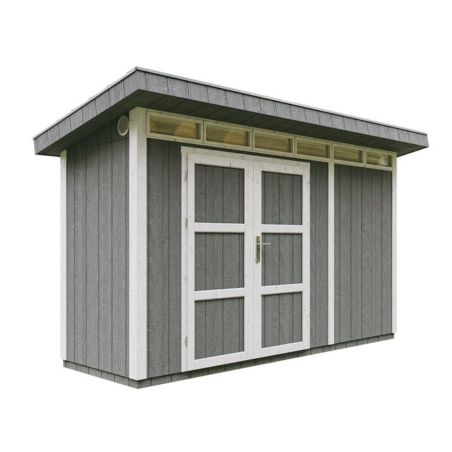 4 m² LP SmartSide Gartenhaus aus Holzwerkstoffplatten – mit Boden und Bitumenfliesen, L161 x B412 x H239 cm – Timbela M902A – Cavern Stahl